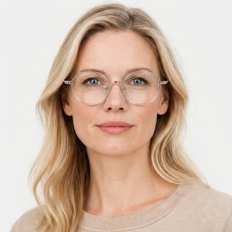 Isolde transparent hvid rund brille på model