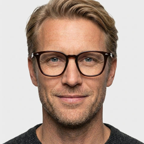 Corbél brun firkantet brille på model