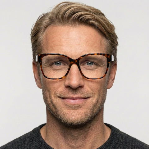 Orové tortoise firkantet brille på model