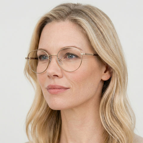 Delacroix guld rund brille på model
