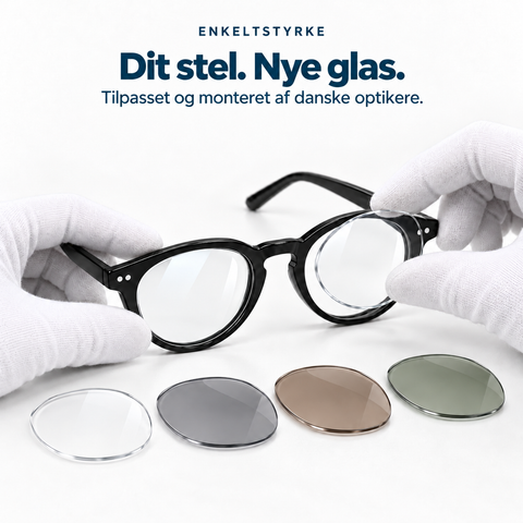 Enkeltstyrkeglas monteres i et sort brillestel. Udvalg af klare, grå, brune og grønne glas.