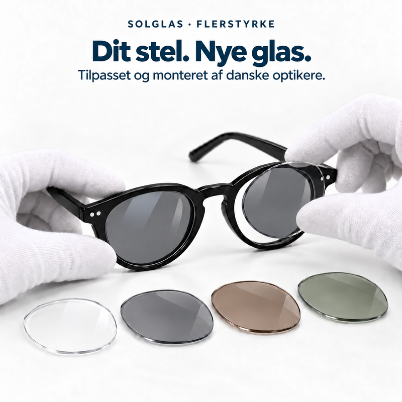 Grå solglas med flerstyrke monteres i et sort brillestel. Udvalg af glas i forskellige farver.