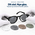 Grå solglas uden styrke monteres i et sort brillestel. Udvalg af glas i forskellige farver.